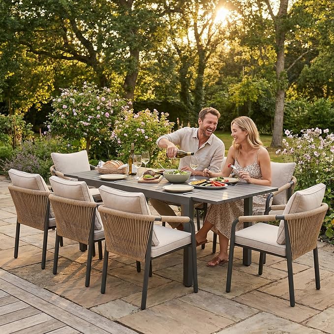 SUNSITT 9 Piece Outdoor Patio Dining Set, 59" - 83" Aluminum Expandable Outdoor Dining Table and 8 Woven Wicker Patio Chairs w/Curved Backrest for Garden, Dark Grey