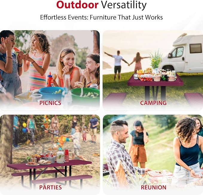 Leisure Craft Metal Picnic Table with Bench - 8 ft Rectangle Outdoor Dining Table with Umbrella Hole, Heavy Duty Thermoplastic Coating, ADA Compliant, Commercial Grade Furniture Made in USA - Burgundy