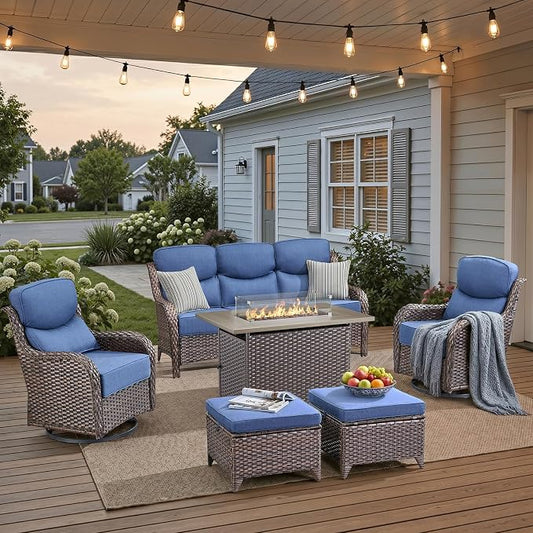 Luxury Patio Furniture Set with 42.5" Fire Pit Table, 6 Pieces High Back All Weather Wicker Outdoor Furniture w/ 6-Inch Thick Cushions, Patio Swivel Chairs Couch for Deck Balcony Backyard Brown/Blue