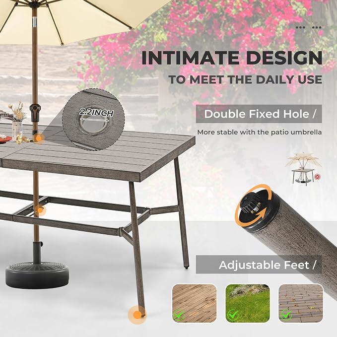 HAPPATIO 9-Piece Patio Dining Set for 8, Aluminum Outdoor Dining Set with Cushions, 8 Swivel Dining Chairs, 1 Large Rectangular Table with Umbrella Hole for Lawn, Porch, Backyard, Gray
