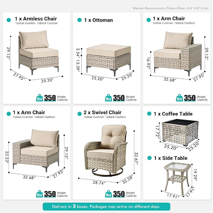 8 Pcs Patio Outdoor Furniture Set - All Weather Wicker Outdoor Sectional Sofa Couch with Swivel Rocking Chairs and Coffee Table,Patio Modular Rattan Conversation Set for Garden Deck Yard,Beige