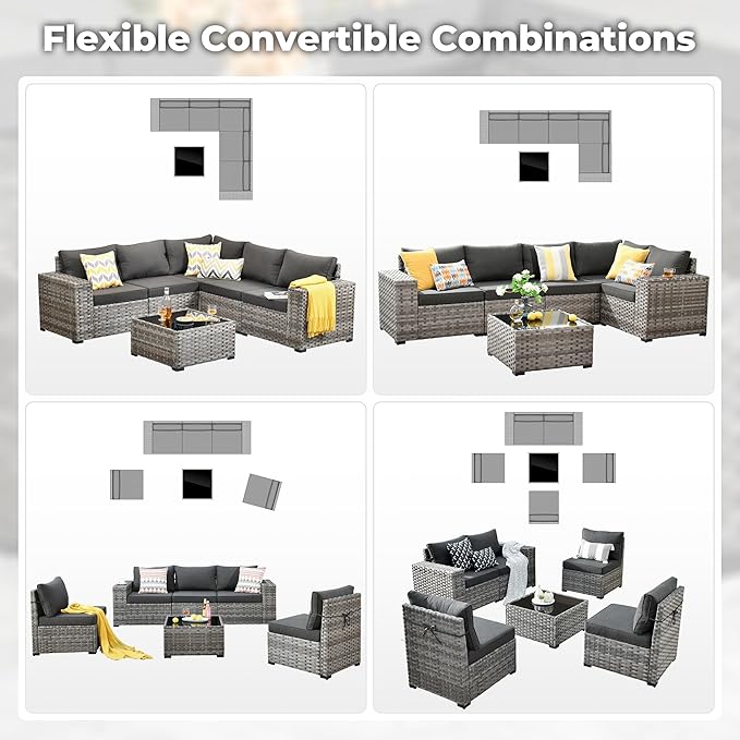 ovios 6 Pieces Patio Furniture Set, Outdoor Wicker Sectional Sofa with Coffee Table Comfy Cushions, Modern Modular Deep Seat Couch Rattan Conversation Set, Black