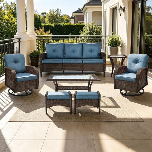 Outdoor Swivel Rocker Patio Chairs (Brown Wicker/Blue Cushion, 7PC/Sofa & Swivel &2 Table & Ottomans)