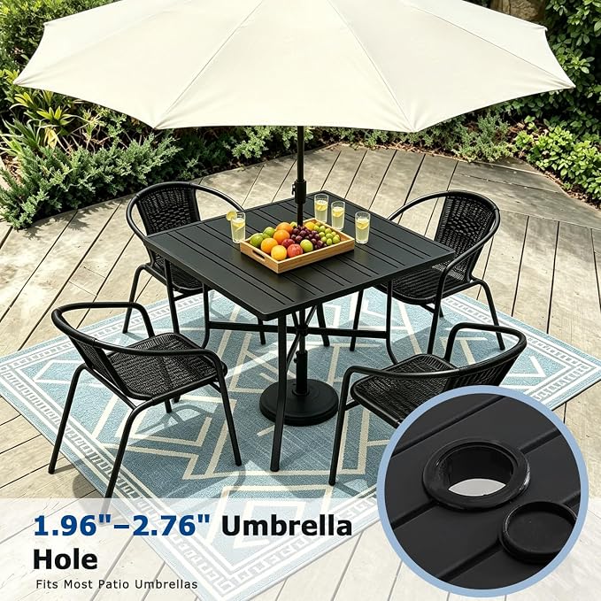 5 Piece Patio Dining Set with Black Outdoor Metal Table & 4 Hand-Woven PE Rattan Stackable Chairs for Backyard Garden Poolside, Black Chairs