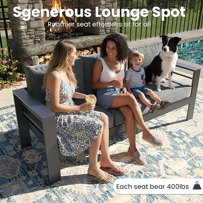 4 Pieces Modern Aluminum Patio Furniture Set, Outdoor Conversation Sets Metal Sectional Sofa with Coffee Table