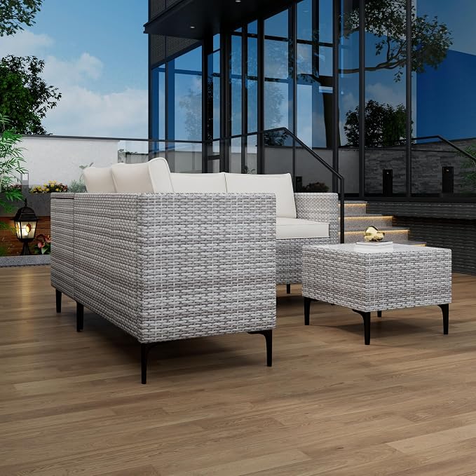 Outdoor PE Rattan Patio Conversation Set with Storage, All-Weather Wicker Sectional Sofa with Cushions for Backyard Garden Porch, Grey White and Khaki