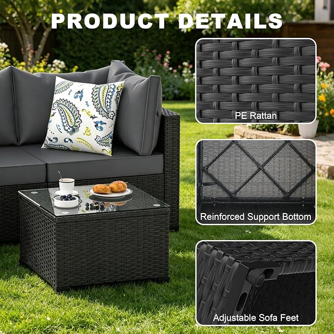 5 Piece Patio Furniture Sets, Outdoor Patio Set Sectional Sofa, All-Weather PE Rattan Couch with Cushion, Glass Table for Gatherings, Parties, Sports Viewing (Gray, 5-Piece Set)