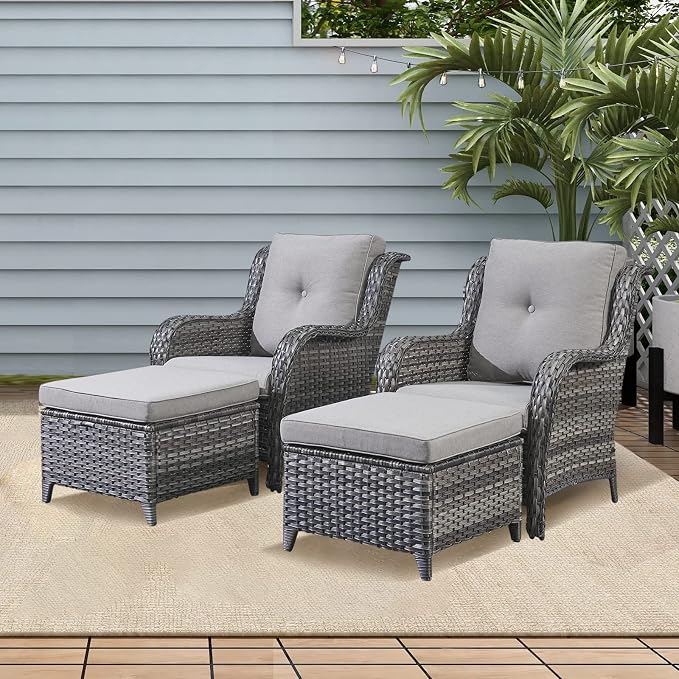 Rilyson Luxury 4 Pieces Patio Wicker Furniture Ottomans, Wicker Patio Chairs Set of 2 with Ottoman, Rattan Outdoor Porch Chair with Thick Cushion for Balcony Deck Yard and Porch (Grey/Grey)