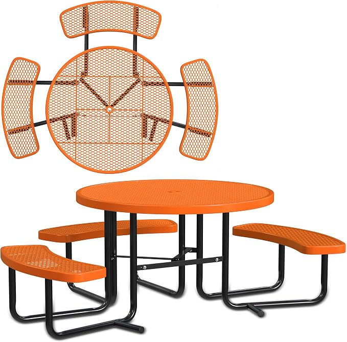 Leisure Craft Metal Picnic Table with Bench - 46" Round Outdoor Dining Table with Umbrella Hole, Heavy Duty Thermoplastic Coating, ADA Compliant, Commercial Grade Furniture Made in USA - Orange