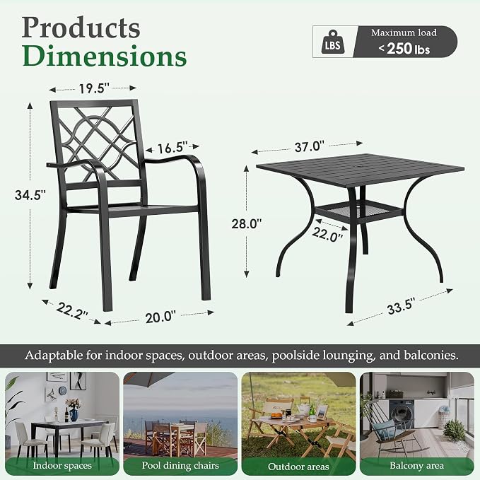 Crownland 5 Piece Outdoor Dining Set, Patio Metal Dining Sets, 4 Stackable Metal Chairs and Square Outdoor Dining Table with 1.57" Umbrella Hole, for Backyard, Lawn, Garden (Classic Black)