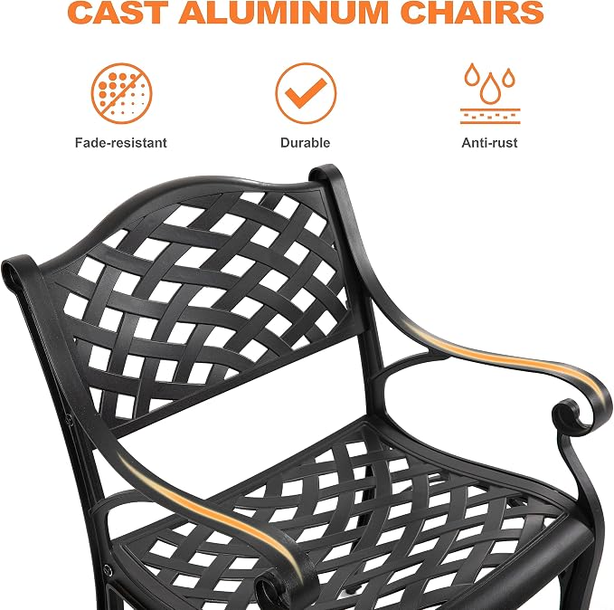 NUU GARDEN 7 Pieces Outdoor Patio Dining Sets, Cast Aluminum Rectangle Patio Table with Umbrella Hole and 6 Bistro Chairs, Armrest Dining Chairs and Bistro Table for Balcony, Backyard, Black