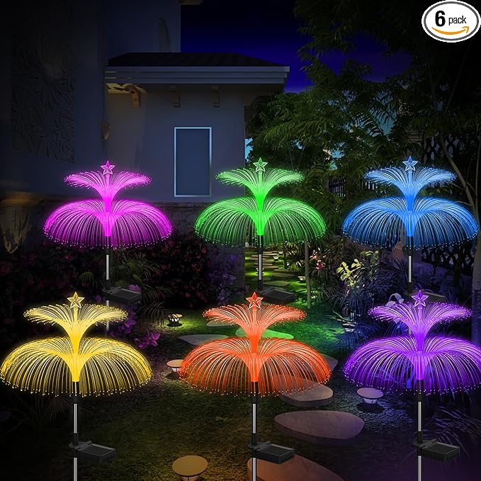 Weepong Solar Garden Lights 6 Pack New Upgraded Solar Lights Outdoor Waterproof 7 Color Changing Double Jellyfish and Star Flower Garden Decor Yard Lawn Christmas Decorations, Gifts for Women Mom