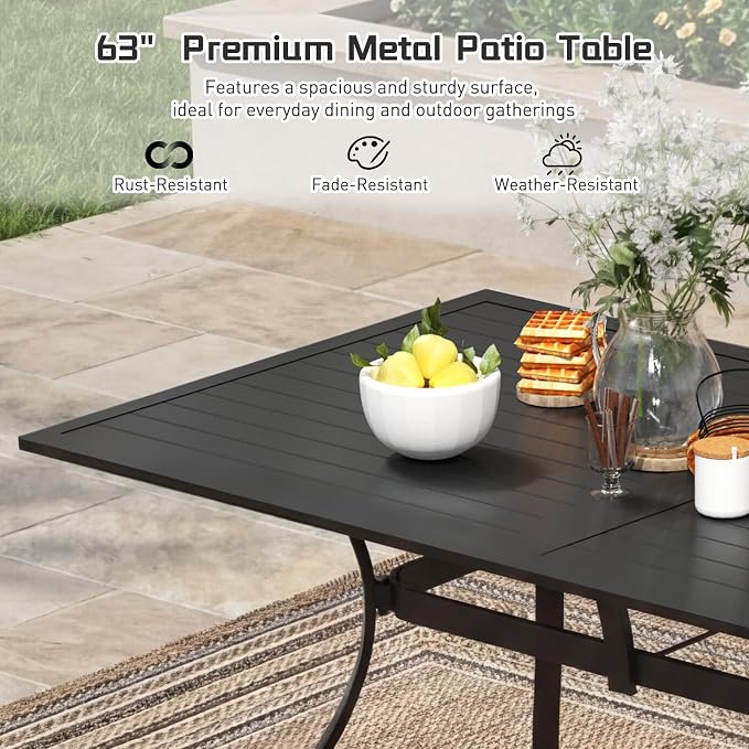 7 Piece Outdoor Patio Dining Set, 62’’ Rectangular Metal Dining Table & 4pcs Metal Dining Chairs & 2pcs Swivel Rocking Chairs , Outdoor Furniture Dining Set for Patio, Balcony, Lawn, Garden, Backyard