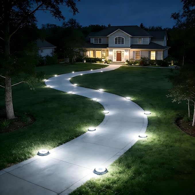 Flacchi Solar Lights Outdoor Waterproof - 2-in-1 Solar Powered Ground Lights Outdoor Solar Disk Light Landscape Light for Deck Step Patio Yard Pathway Walkway Driveway Garden (Cool White, 2 Pack)