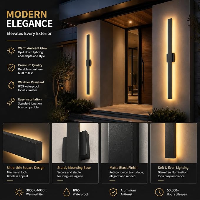 2Pack Modern Outdoor Wall Lights Dimmable,39" Linear Led Exterior Wall Light,3CCT, Aluminum& PC,IP65-Waterproof, Long Exterior Lighting Fixtures for Front Door,Stair, Black,Wall,Garage