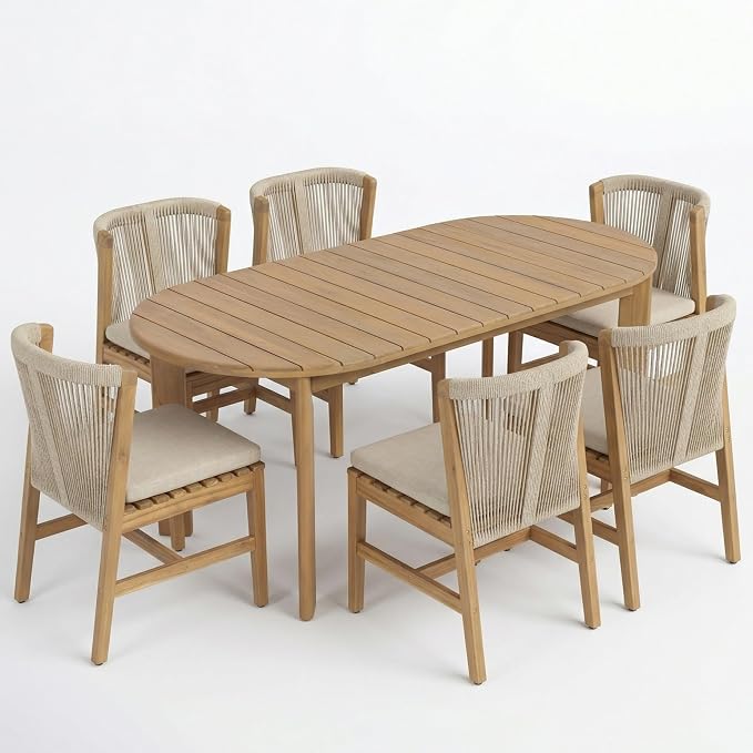 Christopher Knight Home Lisa 7 Piece Dining Table Set For 6, Outdoor Dining Set With Oval Patio Table And Armless Chairs, Acacia Wood Dining Chairs Set With Rope-Woven Backrests, Light Teak+Teak+Beige