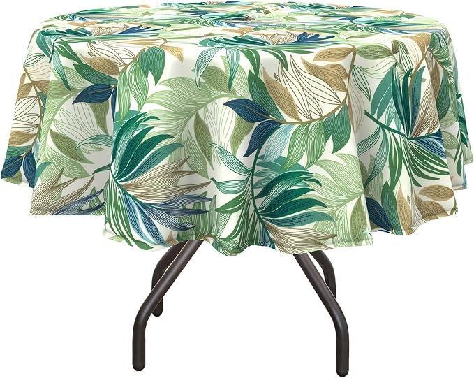 DYTXIII Outdoor Round Tablecloth with Umbrella Hole 60 Inch, Water Repellent & Fade Resistant Table Cover, All Weather Outdoor Tablecloth for Garden & Party Table, Lush Leaf Green