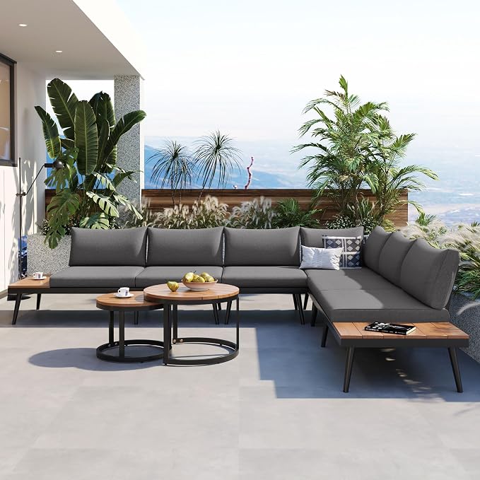 JIVOIT Outdoor Patio Sectional Sofa Set, Modern 6-Piece Conversation Set with Round Nesting Coffee Tables and Seating Sofa with Cushions for Patio, Porch and Garden (Grey * 33)