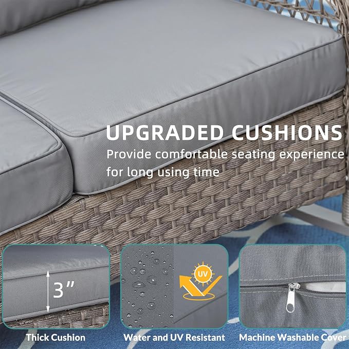 MEETWARM Outdoor Wicker Patio Glider Set, Loveseat for 2 Person Porch Furniture Glider with Glass-Top Coffee Table, Patio Glider Rocking Bench with Thickened Cushions, Gray