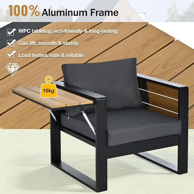 JIVOIT 4-Piece Outdoor Patio Furniture Set for 5 Person, Large Aluminum Frame Conversation Set with 3-Seater Sofa, 2 Armchairs with Fold-Out Side Tables, Modern Garden/Patio Seating, All-Weather Use