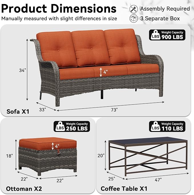 4-Piece Outdoor Couch Set, Includes Wicker Patio Sofa with Thickened Olefin Cushions, High Back and Deep Seating, Hand-Woven PE Rattan and 2 Ottomans, 1 Coffee Table for Porch, Deck
