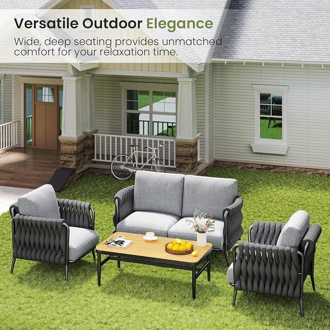 Jocoevol Patio Furniture Set, 4-Seat Outdoor Sofa Furniture Deep Seating with Coffee Table, Metal Patio Conversation Sets with Waterproof & Extra-Thick Cushions for Garden, Poolside, Backyard