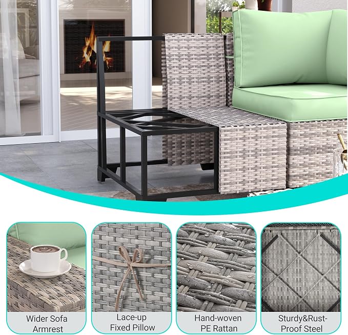 10-Piece Outdoor Patio Furniture Set with Rocking Swivel Chair, PE Wicker Rattan Sectional Sofa Patio Conversation Set with 55,000 BTU Fire Pit Table & Chunky Arms, Light Green