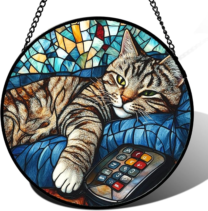 DASTOLL Stained Glass Window Hanging Gray Cat and Remote Control 7.8" - Suncatcher Door Garden Kitchen Sun Catcher Home Decor Birthday for Lost Pets Mom Men Woman Friend Grandma