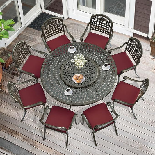 MEETWARM 9-Piece Outdoor Furniture Dining Set, All Weather Cast Aluminum Patio Garden Set with 8 Cushioned Chairs, 61" Round Patio Dining Table with Detachable Lazy Susan, 2" Umbrella Hole, Chili Red
