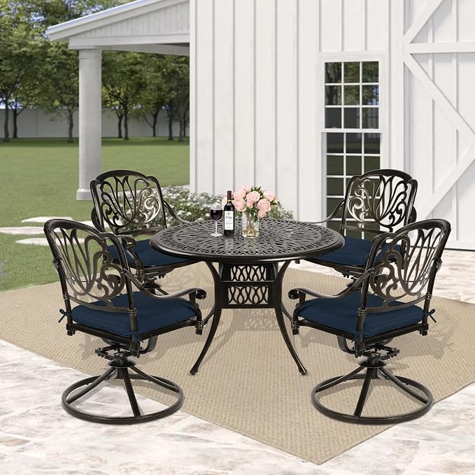 5 Piece Patio Dining Set, Outdoor Table and Chairs Set for 4 Cushioned Swivel Rocking Chairs and 35.4'' Round Table, All-Weather Cast Aluminum Patio Funiture Set, 2'' Umbrella Hole, Navy