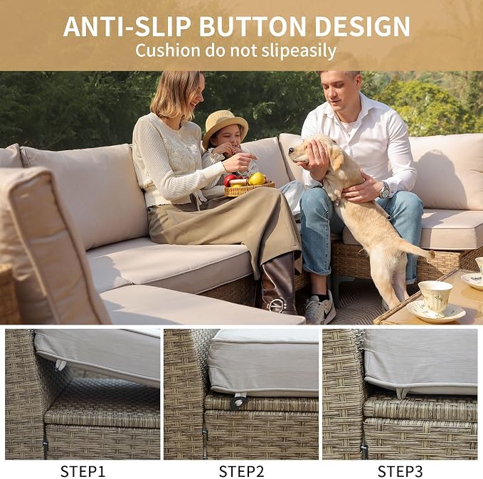 Jing's Villa 7-Piece Outdoor Patio Furniture Set,Ratten Conversation Sectional Sofa w/Coffee Table, All-Weather Patio Conversation Set with Thick and Anti-Slip Cushions for Backyard,Deck,Beige