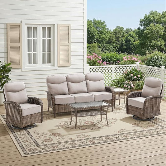 HUMMUH 5-Piece Patio Furniture Set with 6" Thick Cushion High Back Outdoor Swivel Rocker Chairs,3-Seater Sofa,Coffee Table & Ottomans,Wicker Outdoor Conversation Set for Deck, Porch,Poolside