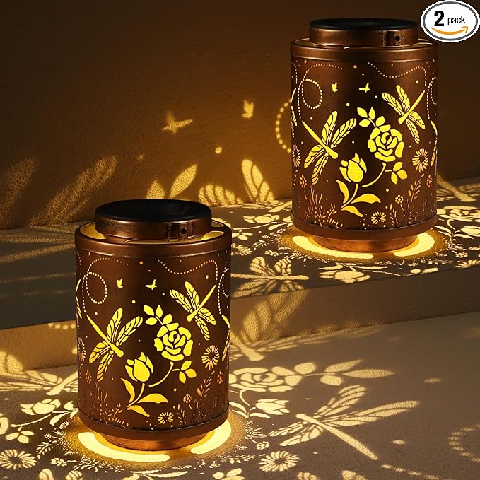 2 Pack Dragonfly Solar Lanterns Garden Decor Birthday Gifts for Women | Gifts for Mon Grandma Metal Hanging Solar Lights Outdoor Waterproof Decoration for Outside LED Lanterns for Yard