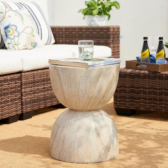 Glitzhome Outdoor Side Table, 17.75" H Decorative Garden Stool MGO Hourglass Faux Terrazzo End Table, Round Planter Stand for Indoor Outdoor Living Room Bedroom Patio Deck Poolside