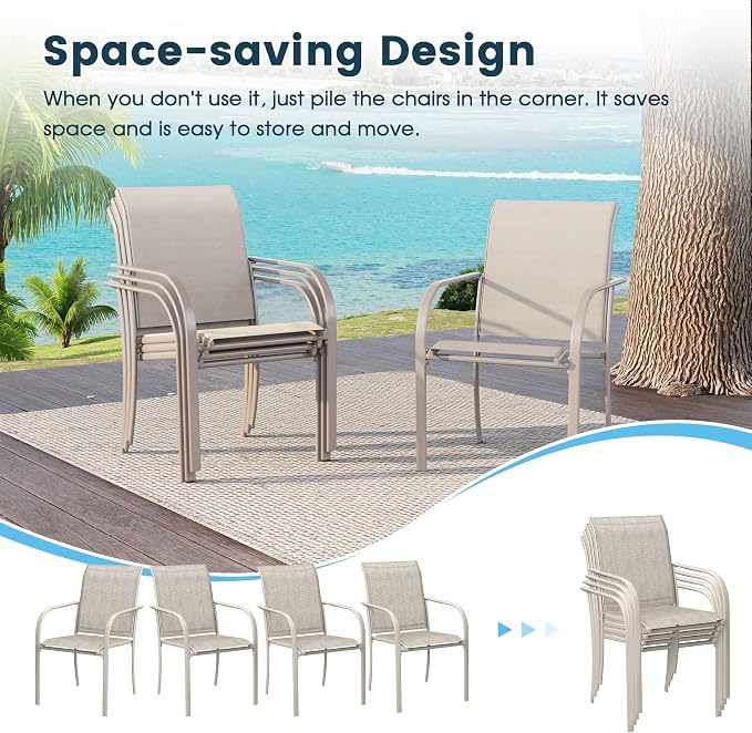 7 Pieces Patio Dining Set, 63" Rectangular Dining Table with Umbrella Hole, 6 Stackable Textilene Fabric Chairs, Metal Structure for Patio, Porch, Garden(Sand Table, Sand Chair)
