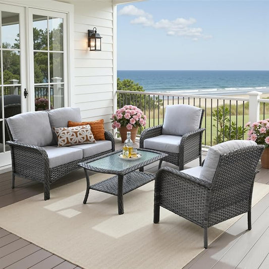 4 Pieces Patio Furniture Set, Small Outdoor Patio Set with Coffee Table, All-Weather Rattan Wicker High Back Conversation Set Loveseat with Chairs for Porch, Backyard, Balcony, Grey