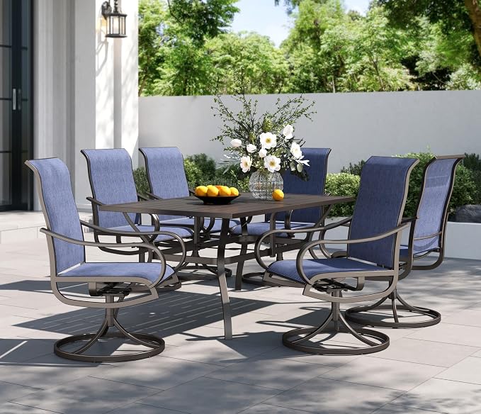 PHI VILLA Outdoor Dining Set for 6, Swivel Mesh Chairs & Metal Table, Blue | 60'' metal rectangular table with umbrella hole and 6 breathable textilene patio chairs, designed for deck, backyard, garden