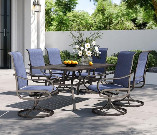 PHI VILLA Outdoor Dining Set for 6, Swivel Mesh Chairs & Metal Table, Blue | 60'' metal rectangular table with umbrella hole and 6 breathable textilene patio chairs, designed for deck, backyard, garden