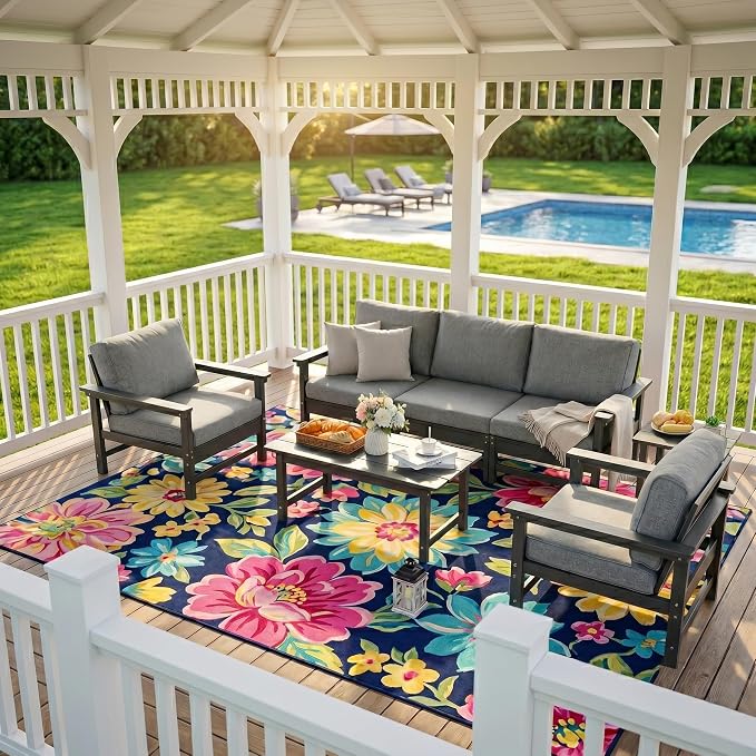 6-Piece Outdoor Patio Furniture Set, Modular HDPE Conversation Set with 3-Seater Sofa, 2 Armchairs & Large Coffee Table, Waterproof & UV-Resistant Outdoor Sofa with Cushions