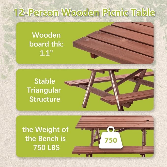 12-Person Picnic Table Set, 95-Inch Extra Large Outdoor Wooden Table with Benches & Umbrella Hole, Rustic Brown Patio Furniture for Garden, Backyard (Brown, 94.5")