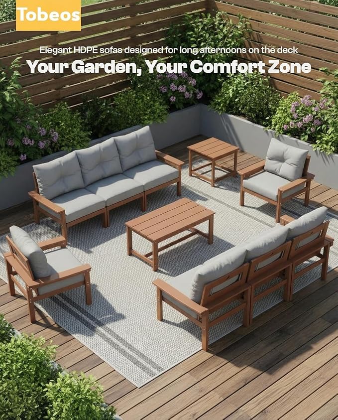 HDPE Patio Coffee Table, All-Weather Outdoor Coffee Table, Patio Conversation Sets for Lawn, Garden, Porch, Balcony, Deck, Teak