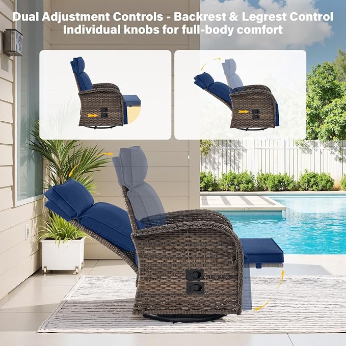 Belord Swivel Outdoor Recliner Chair Set of 2 - Patio Reclining Chair with Adjustable Backrest and Footrest, All-Weather Wicker Chaise Lounge Chair Outdoor for Pool Deck Brown (Upgraded 2.0)