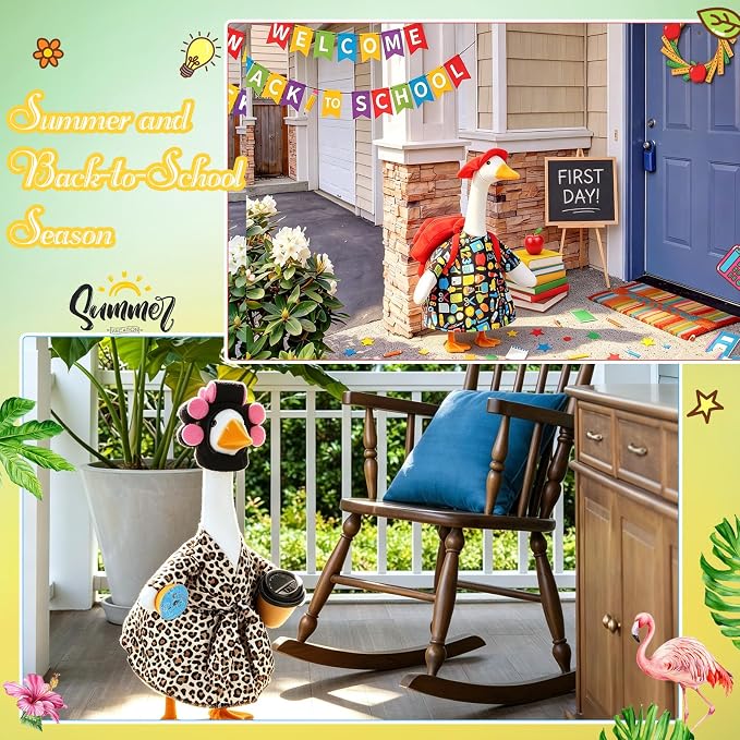 FuWeave 8 Set Holiday Porch Goose Outfits Summer Fall Halloween Christmas Winter Thanksgiving Valentine St. Patrick Easter Lawn Porch Goose Clothing for Patio Yard Decor(Style11,23 Inch)