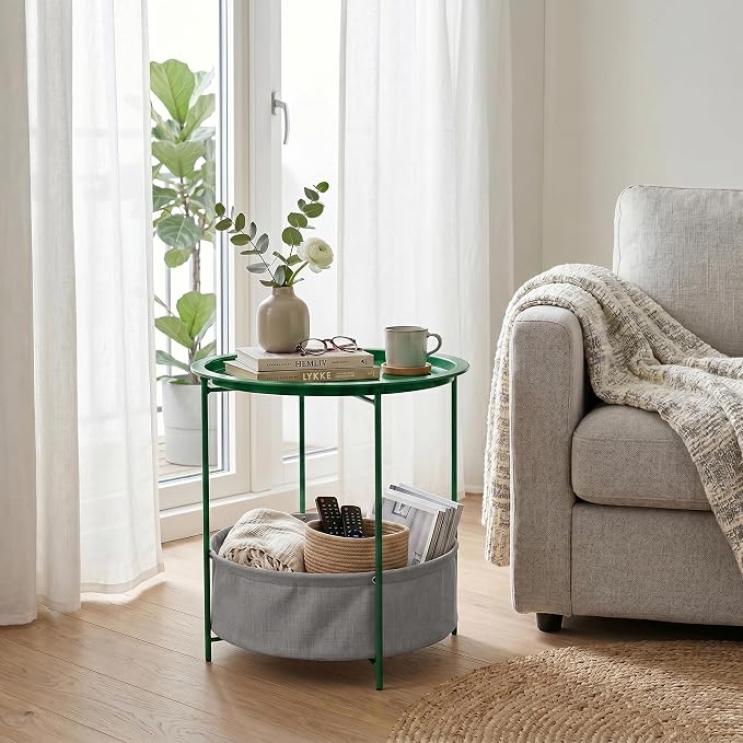VECELO Round Side/End Table with Fabric Storage Basket，Metal Anti-Rust and Waterproof Small Bedside Nightstand with Removable Tray Top for Living Room，Balcony & Laundry，Dark Green /1pcs with Basket