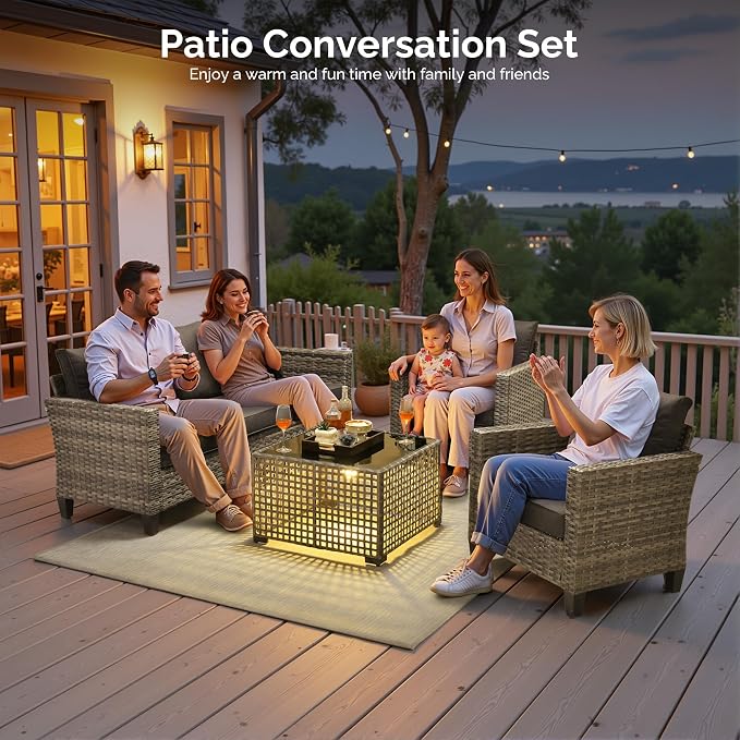 4 Piece Wicker Patio Furniture Set with Solar Table, Black | Outdoor Deep Seating Sofa Chair, Solar Lights Table, All Weather Rattan, Modern Conversation Set, Porch Deck Backyard
