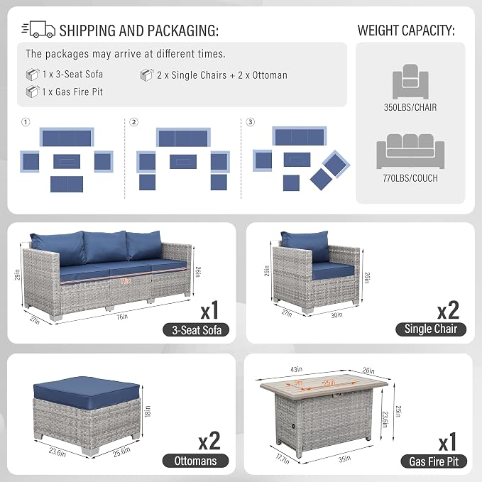 WAROOM Patio Furniture Set 6 Piece PE Rattan Outdoor Conversation Sets Grey Wicker Couch Sectional Sofa with Fire Pit Table and Navy Blue Cushion