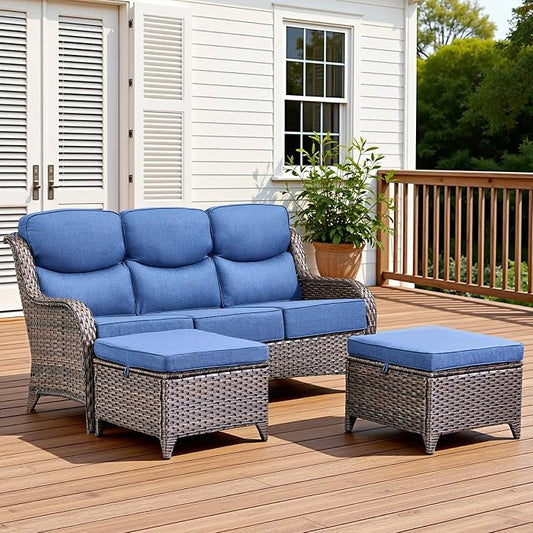 3 Pieces Patio Sofa Set with 6" Thick Cushions, High Back Wicker Sectional Outdoor Sofa with Ottomans, Outdoor Seating Furniture High Back Conversation Set for Balcony Deck Porch Backyard, Brown/Blue