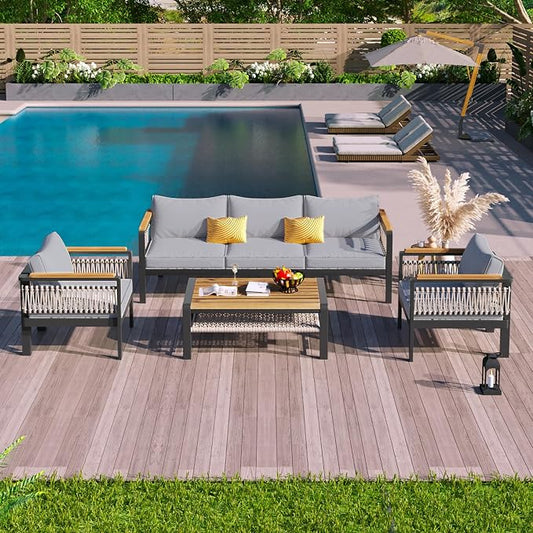 4 Pieces Outdoor Sectional Sofa Set 5-Person Patio Seating Group Outdoor Conversation Set with Cushions and a Coffee Table for Patios, Gardens,or Balcony (Grey#30)