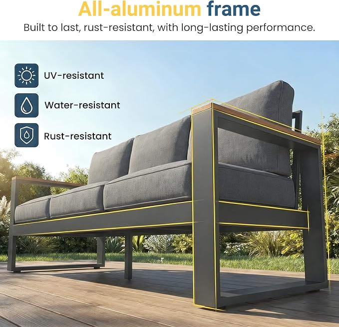 Aluminum Outdoor Patio Furniture Set with Height-adjustable Footrest for Lawn Porches Patio, 5-Seats All-weather Patio Sofa Sets with Coffee Table, Modern Outdoor Patio Conversation set, Grey