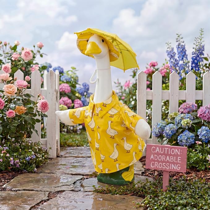 Yellow Goose Printed Raincoat Goose Outfits Porch Printed Waterproof Clothes with Umbrella Hat Fits 23" Geese Statue for Spring Garden Lawn Patio Yard Outdoor Decor (Special Printed)